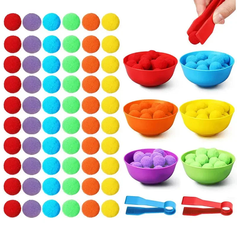Pompons Cores do arco-íris Tigelas de plástico Pinças Habilidade motora fina. Crianças contando e organizando brinquedos. Brinquedos educativos para crianças.